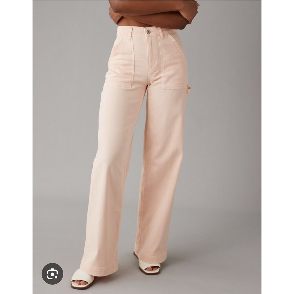 American Eagle Super High Rise Baggy Wide Leg Jeans Womens 4 Lt Pink SEE INSEAM
